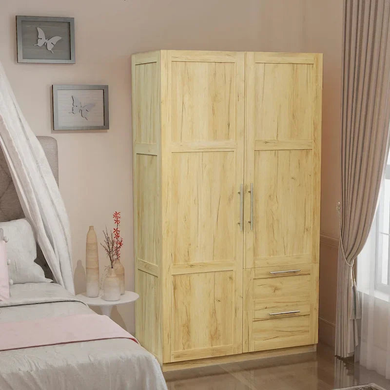 Armadio Guardaroba Bianco in Legno con Ante, Cassetti e Asta Appendiabiti