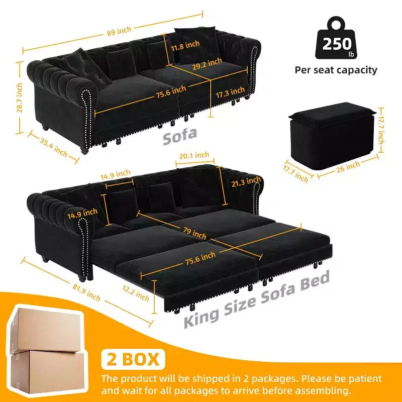 Divano Letto Estraibile 3-in-1 King Size in Velluto Whisen e Divano Letto Convertibile con Ottomana Mobile, Design Trapuntato