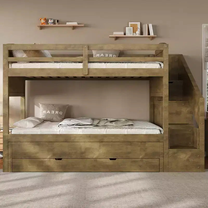 Whisen Letto a castello Twin XL con rotelle estraibili, letto a castello con contenitore, letto a castello in legno massello, scala con contenitore, armadio, 3 cassetti, per bambini
