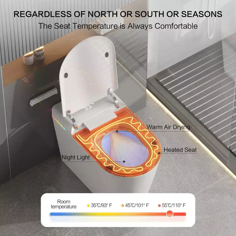 Dyonery Smart Toilet, Monobloc senza serbatoio con barriera in schiuma, Coperchio con apertura/chiusura automatica, Bidet riscaldato e asciugatore, Luce notturna a LED, Sciacquo automatico