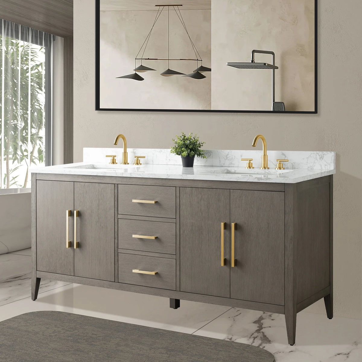 Mobile lavabo doppio Vanity Art 72 per bagno con piano in marmo composito