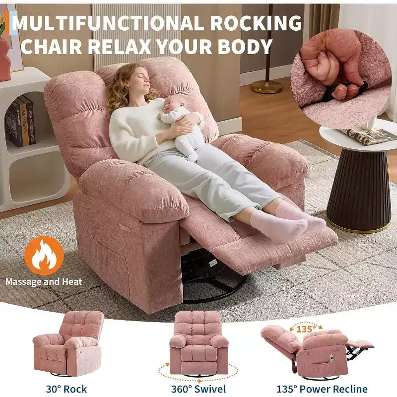 Poltrona Reclinabile Massaggiante con Calore - Girevole a 360°, Dondolo, Divano Singolo Oversize con Vibrazione, USB e Tasche Contenitore per Soggiorno/Camera da Letto