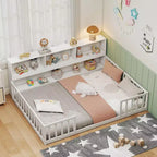 Letto a terra Montessori per materasso singolo/una piazza e mezza con libreria, ripiani e sponde di sicurezza bianco/grigio