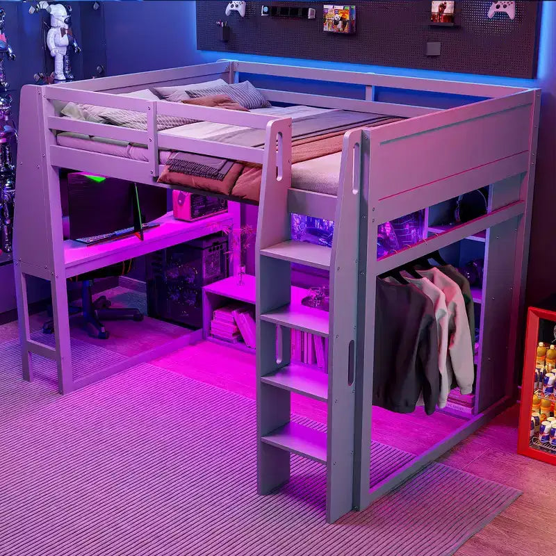 Letto a soppalco da gaming Whisen Wood, formato singolo, con scrivania, mensole multi-storage, LED e un appendiabiti