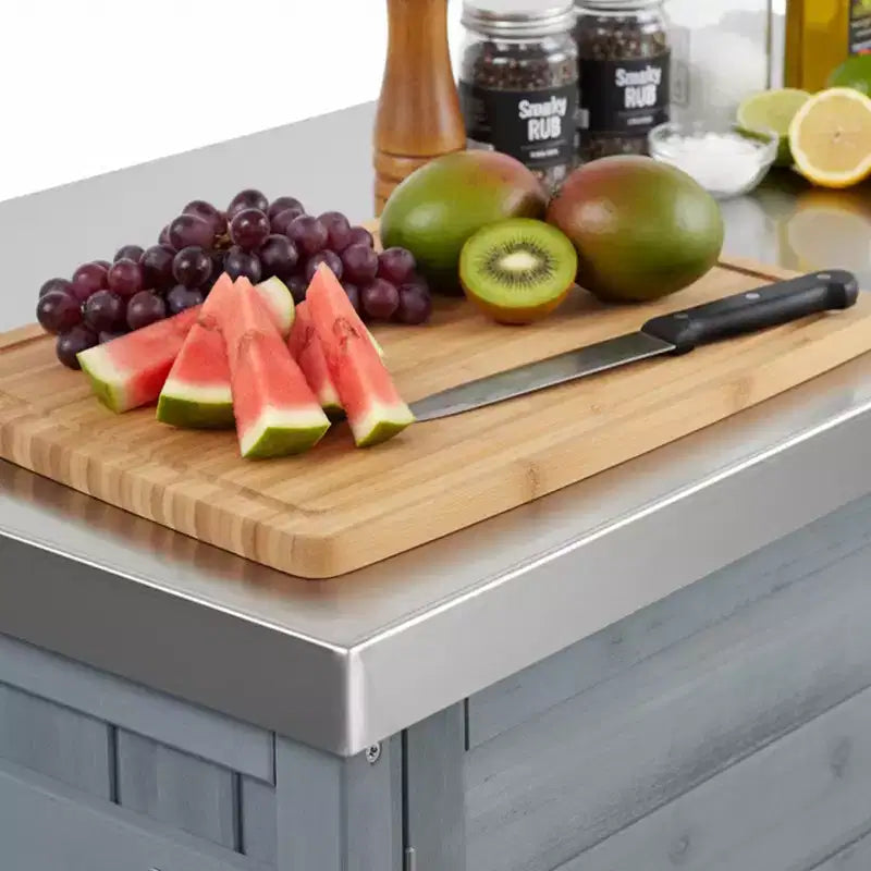 Isola cucina da esterno FAMYYT da 198,9 cm con piano di lavoro in acciaio inossidabile, stazione barbecue pieghevole e mobili contenitori, blu grigio