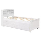 Letto a piattaforma con letto estraibile e cassetti, Letto a piattaforma contenitore con USB, Letto a piattaforma in legno con libreria