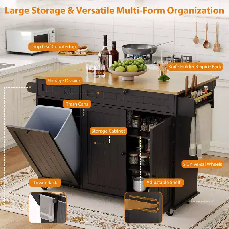 Tavolo da cucina mobile con isola da 55" con presa di corrente e anta a ribalta, carrello da cucina con isola su ruote e armadietto per pattumiera per la cucina