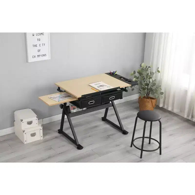 Tavolo da disegno regolabile in altezza, Tavolo da disegno inclinabile da 0 a 75 gradi per adulti, Scrivania da artista con 2 cassetti portaoggetti, con sgabello