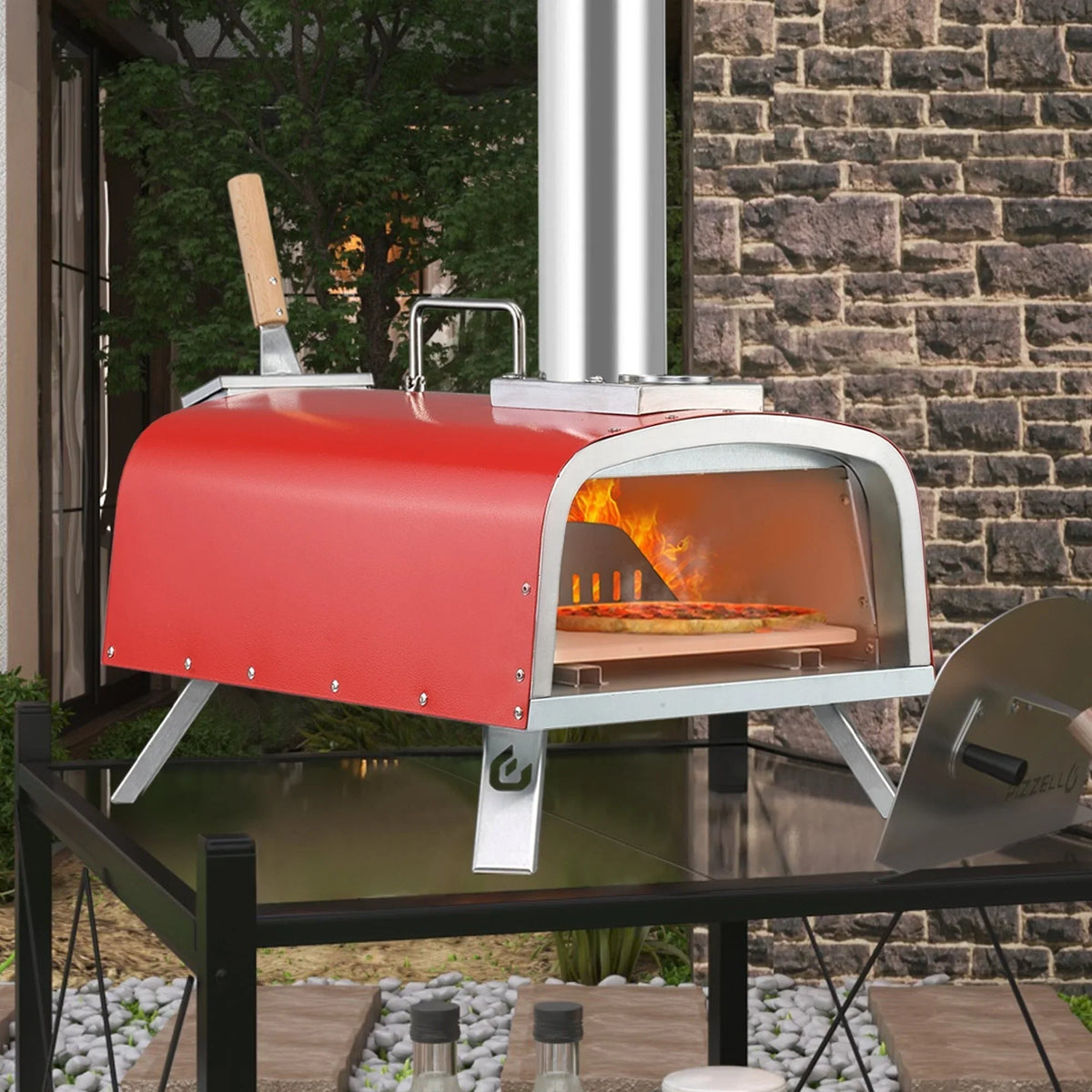 Forno per pizza da esterno multifuel per pizza con bruciatore a gas e contenitore per legna - 12 pollici