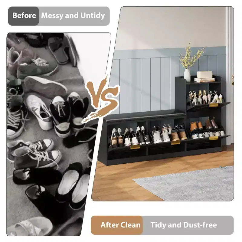 Scarpiera rustica con panca, mobile scarpiera da ingresso con 4 scomparti a ribalta e sedile imbottito confortevole, panca scarpiera autoportante
