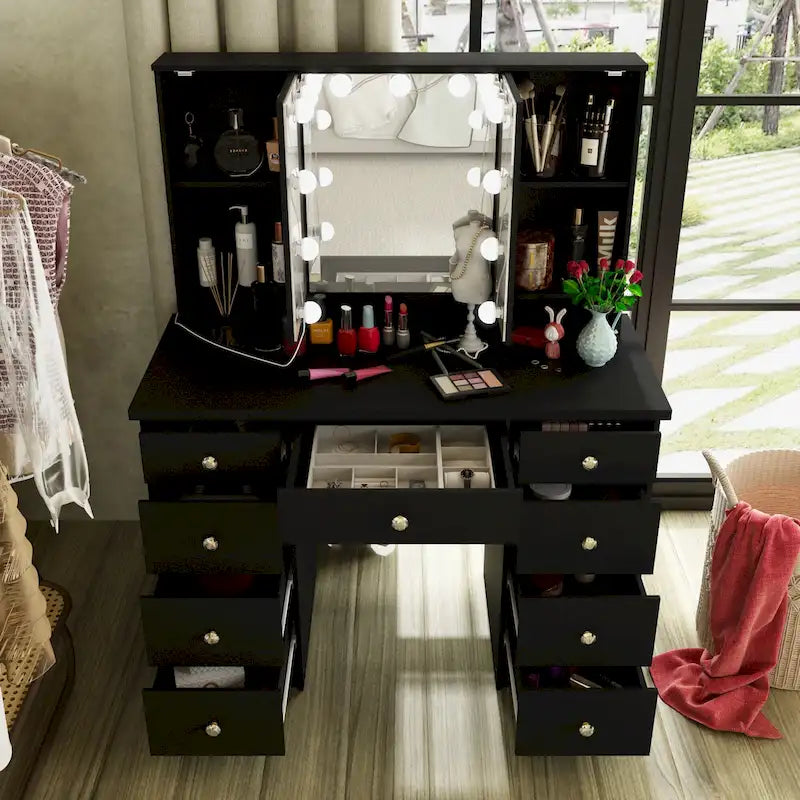 Lussuosa Toeletta da Trucco a LED con 9 Cassetti Elegante Postazione Trucco