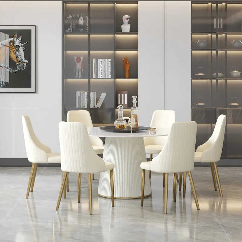 Tavolo da pranzo rotondo da 53" per 6 persone con piano in pietra sinterizzata e Lazy Susan