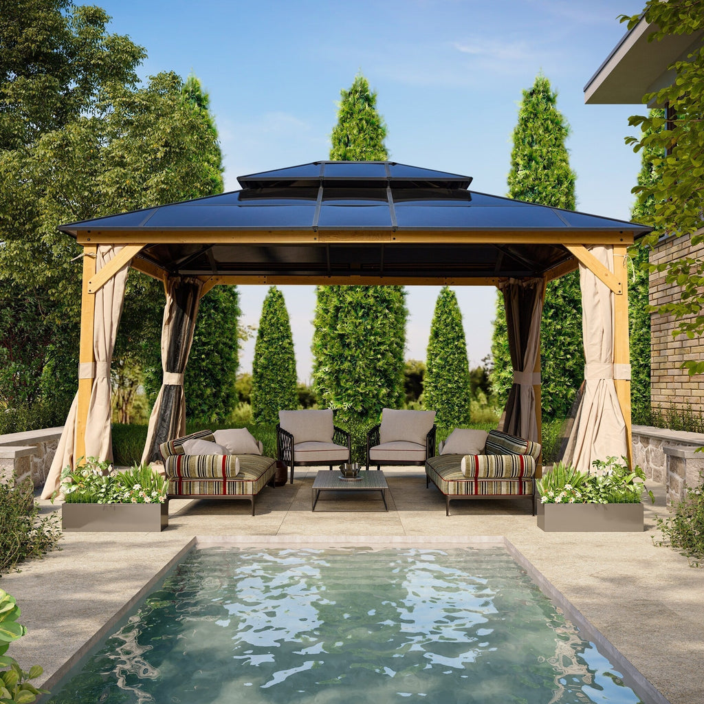 EROMMY Gazebo a tetto rigido, Pergola da esterno con doppio tetto, zanzariere e tende, Tenda da sole resistente per patio, cortile, feste in piscina