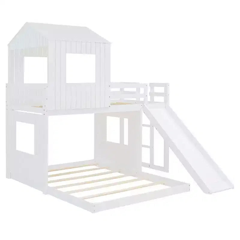 Letto a castello in legno Luxystar Twin Over Full con casetta da gioco, scivolo e sponde di protezione