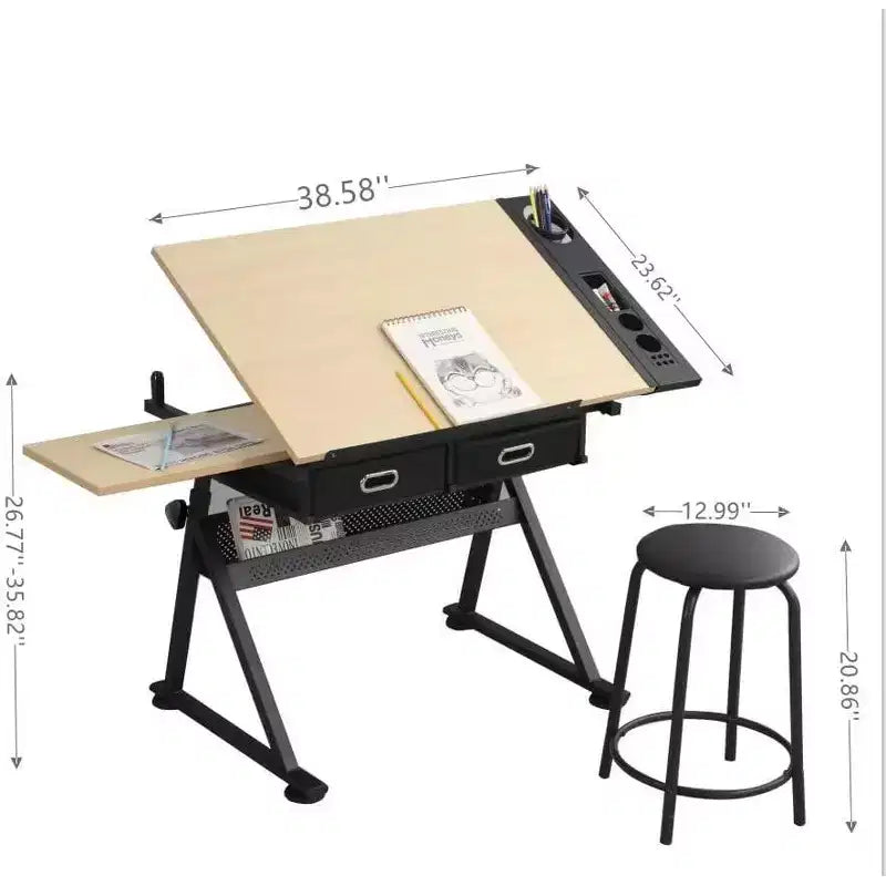 Tavolo da disegno regolabile in altezza, Tavolo da disegno inclinabile da 0 a 75 gradi per adulti, Scrivania da artista con 2 cassetti portaoggetti, con sgabello