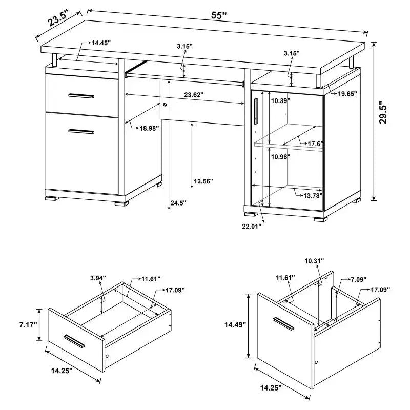 TUYOHW 55 Scrivania da scrittura in legno, scrivania per computer da ufficio con 2 cassetti, 1 armadietto, 1 ripiano aperto, 1 anta, scrivania da lavoro per ufficio domestico, studio, piccoli spazi
