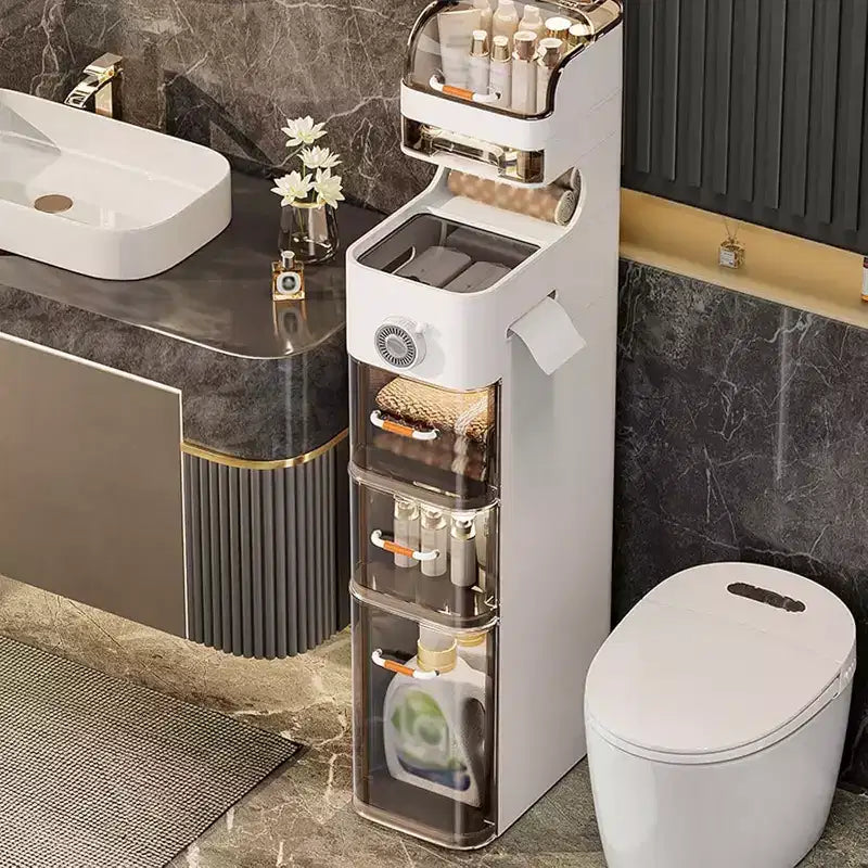 Mobiletto Bagno Sottile, Armadietto Stretto a 7 Ripiani - con Organizer Impermeabili, Porta Fazzoletti e Ruote, Ideale per Bagno, Cucina, Lavanderia
