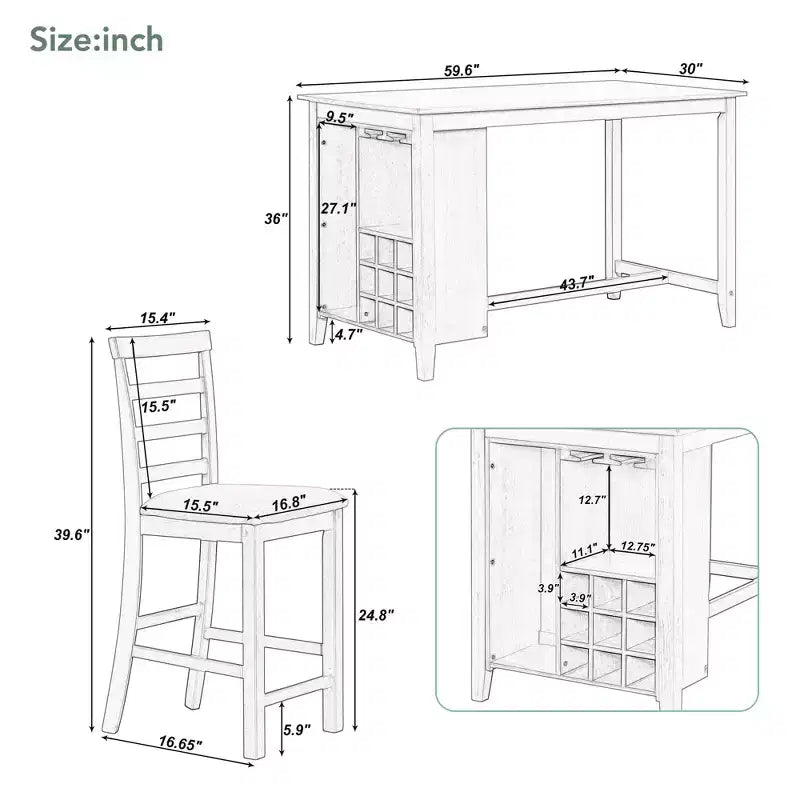Set da pranzo da 5 pezzi in stile rustico ad altezza bancone con sedie per 4 persone, tavolo rettangolare in legno con ripiani e scomparto per bar/vino