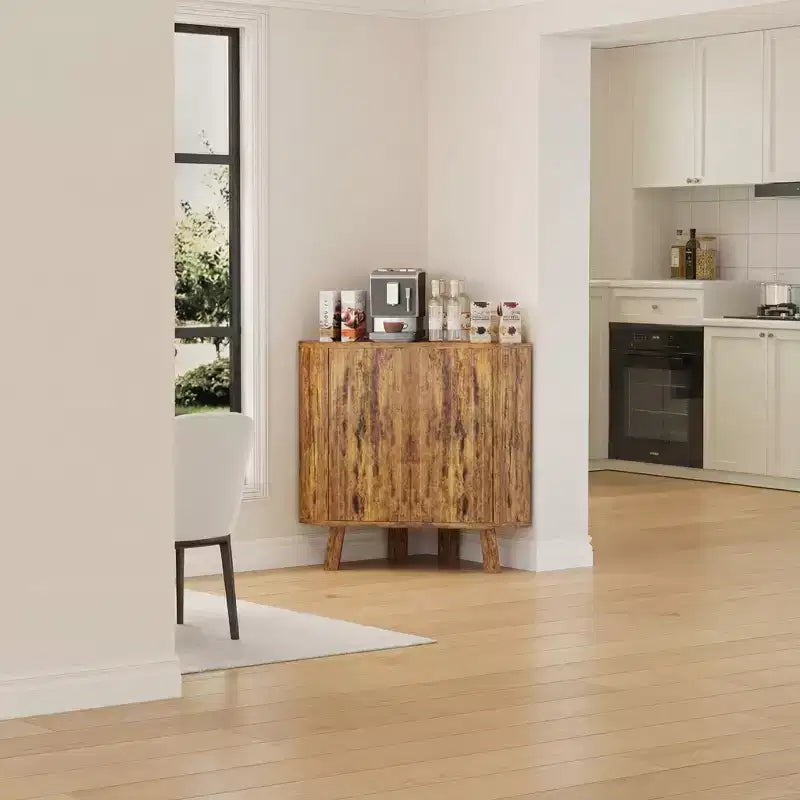 Meuble de rangement d'angle avec étagère réglable, table d'angle industrielle en bois à 3 niveaux avec portes, table d'appoint triangulaire pour salon, cuisine