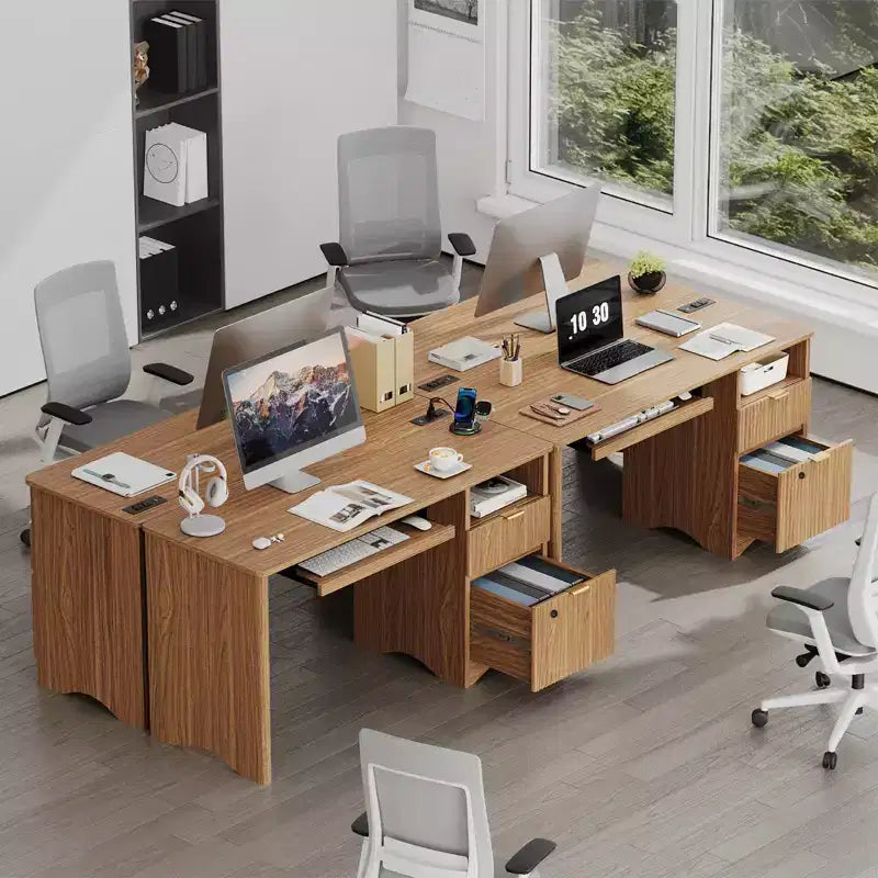 Scrivania Smart Bestier 55 per computer, scrivania da scrittura in rovere con cassetti portadocumenti e presa di corrente, scrivania direzionale con vani a giorno e vassoio per tastiera