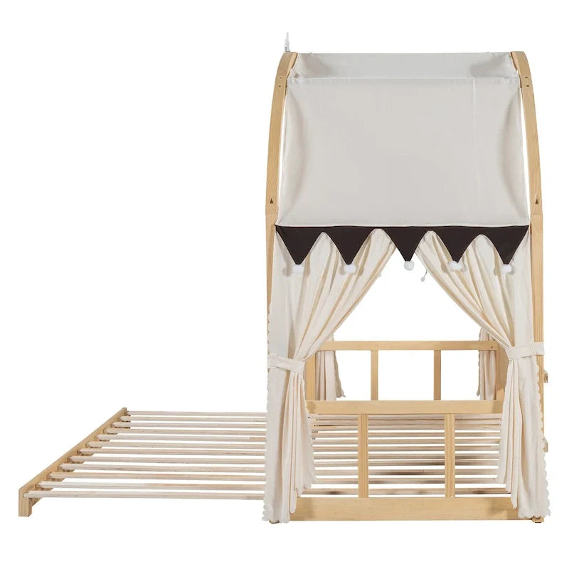 Letto a piattaforma in legno massiccio a forma di casetta, letto Montessori a terra con tetto ad arco e letto estraibile per bambine e bambini