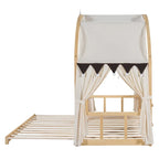 Letto a piattaforma in legno massiccio a forma di casetta, letto Montessori a terra con tetto ad arco e letto estraibile per bambine e bambini