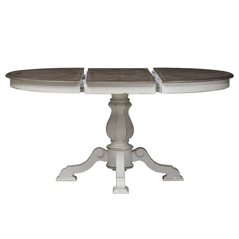 Tavolo da pranzo rotondo Magnolia Manor con base a piedistallo e prolunghe – 2 finiture