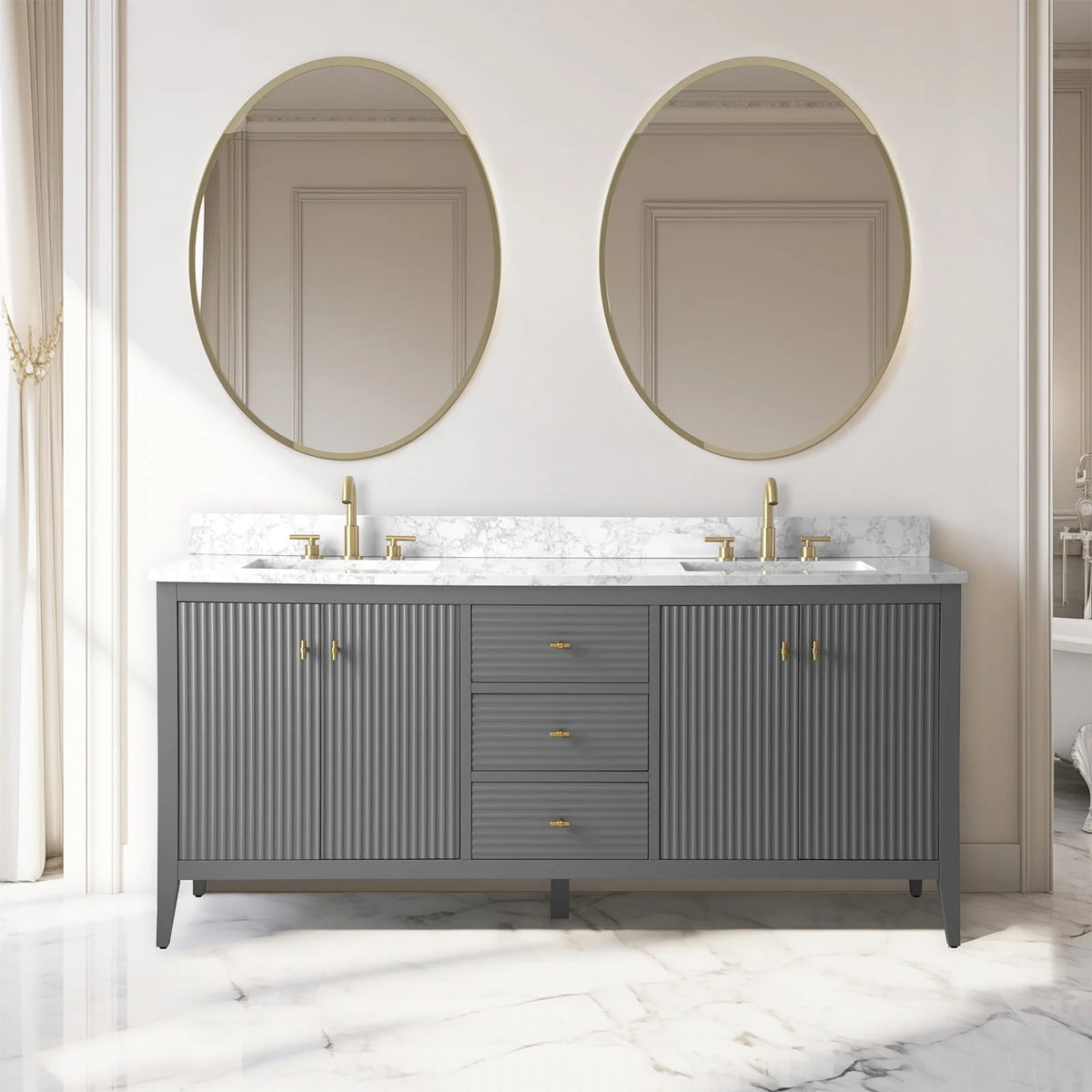 Meuble-lavabo de salle de bain Vanity Art 72 po à double vasque avec dessus en marbre reconstitué