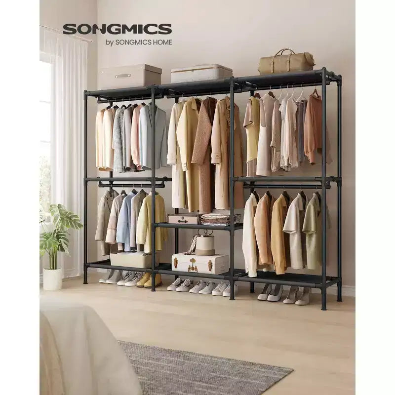 SONGMICS Appendiabiti, Organizzatore per Armadio Robusto con Barre Appendabiti e Ripiani, Carico Totale 135 kg, Montaggio Facile, Nero Inchiostro