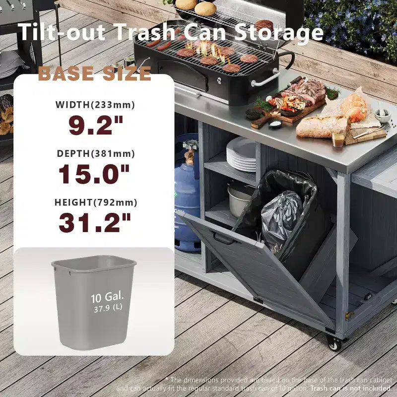 Isola cucina da esterno FAMYYT da 198,9 cm con piano di lavoro in acciaio inossidabile, stazione barbecue pieghevole e mobili contenitori, blu grigio