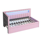 Letto da Giorno Twin/Full con Letto Estraibile e Testiera a Libreria a L, Letto Angolare Imbottito in Lino con Ripiani Portaoggetti e Cinghia a LED