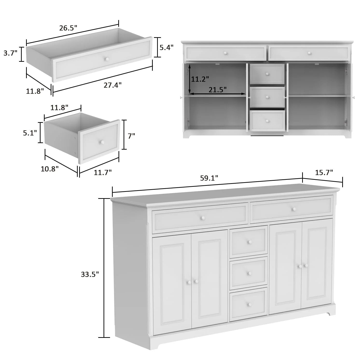 59.1'' Credenza Buffet Bianco Laccato Moderno Metà Secolo Contemporaneo