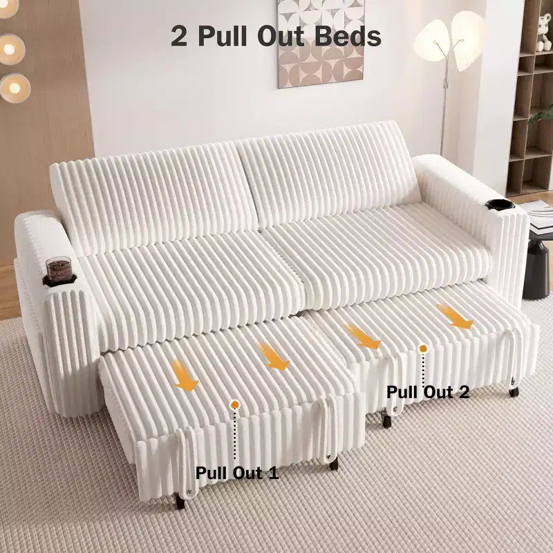 Divano Letto Sezionale Dyonery 91 con Letto Estraibile, Schienale Reclinabile/Due Letti Estraibili/Porte USB/Portabicchieri, Velluto a Coste Peluche