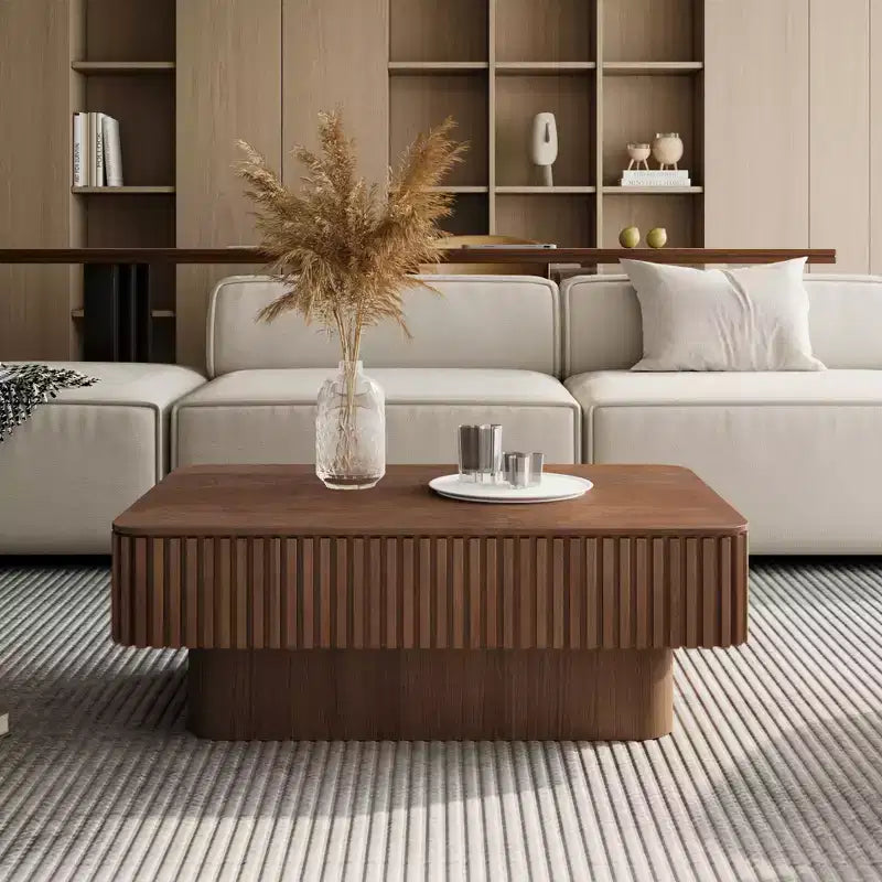 JVNOXK 38.6'' Tavolino da caffè con piano sollevabile e scanalature, con spazio contenitivo, impiallacciatura in legno massello, altezza regolabile, tavolino moderno per soggiorno, camera da letto, noce