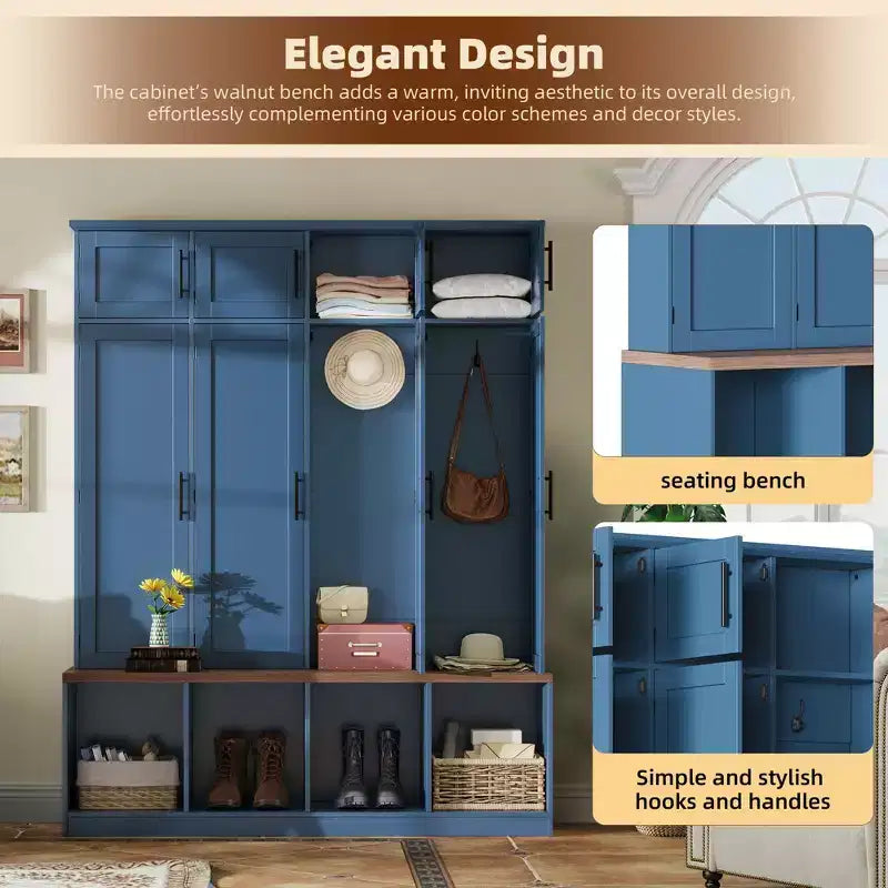 Il mobile da ingresso Misty Moon Farmhouse Blue con 4 ganci nascosti e panca versatile in noce con 8 ante