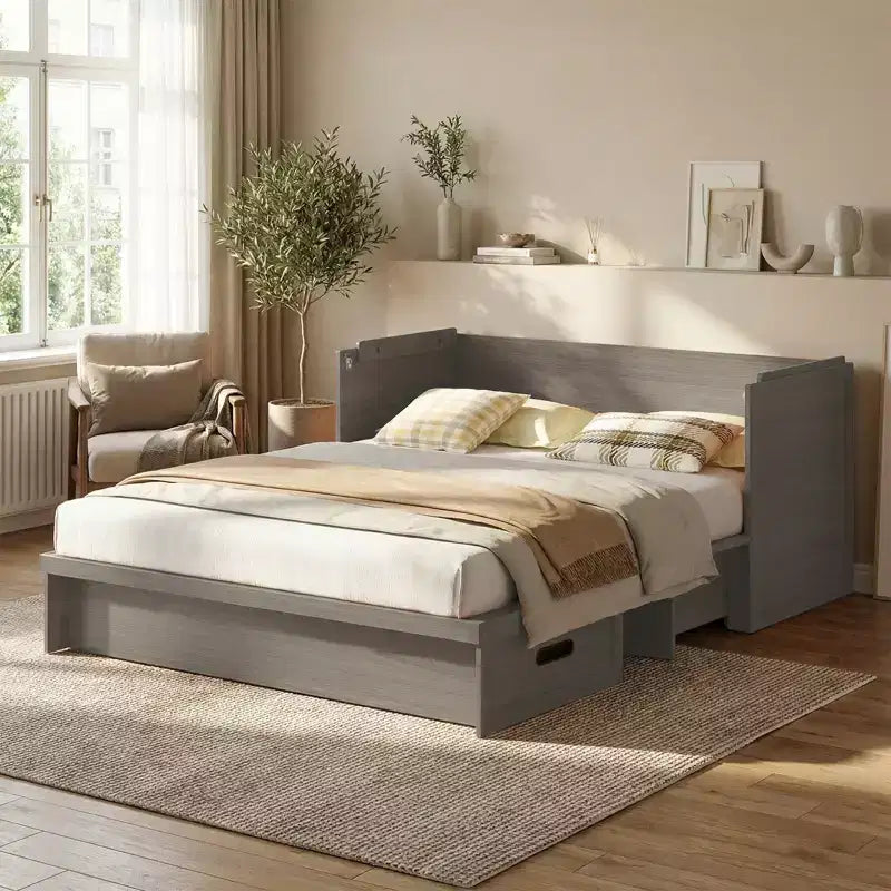 Mjkone Letto a Scomparsa Convertibile Matrimoniale Queen Size con Ricarica USB, Cassetti Contenitori, Materasso Escluso