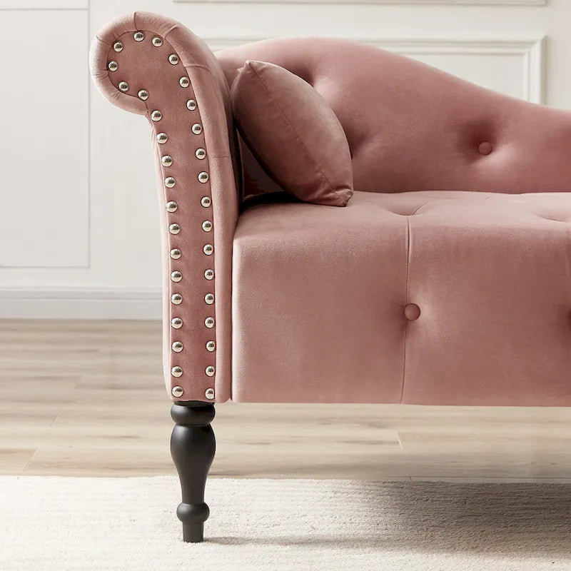 Moderna poltrona a sdraio imbottita in velluto da 60,6" con bottoni capitonné, gambe in legno massello e borchie