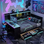 Letto a Giorno Gamer Hub con Scrivania, Luci RGB, Stazione di Ricarica, Cassetti e Testiera Libreria
