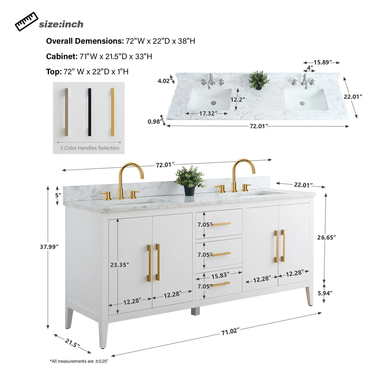 Mobile lavabo doppio Vanity Art 72 per bagno con piano in marmo composito