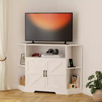 Mobile porta TV ad angolo per televisori fino a 55", console multimediale stile rustico con anta scorrevole a granaio, ripiani aperti e mobiletto, bianco