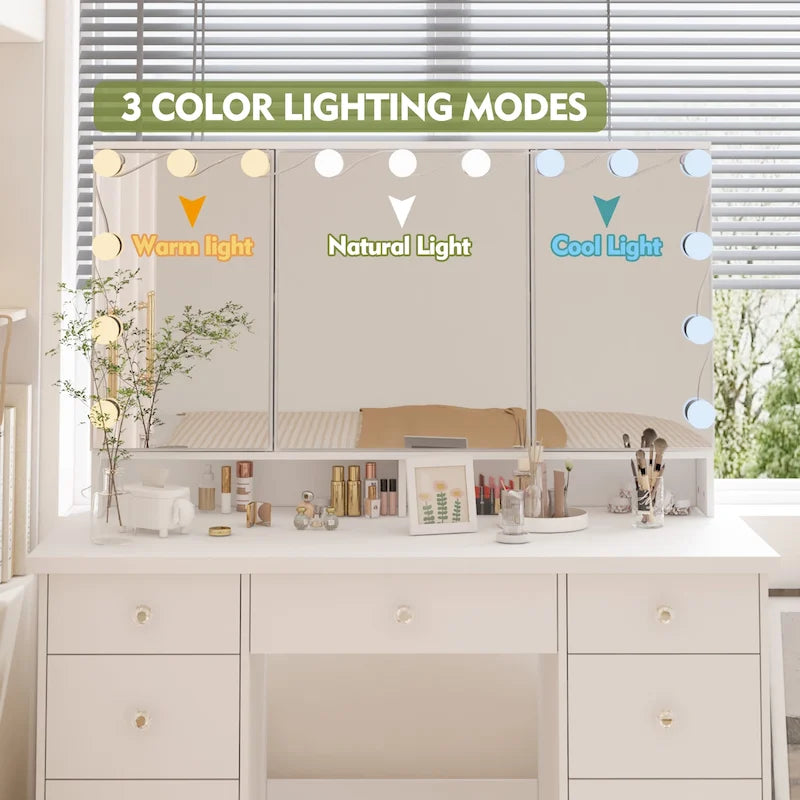 Lussuosa Toeletta da Trucco a LED con 9 Cassetti Elegante Postazione Trucco