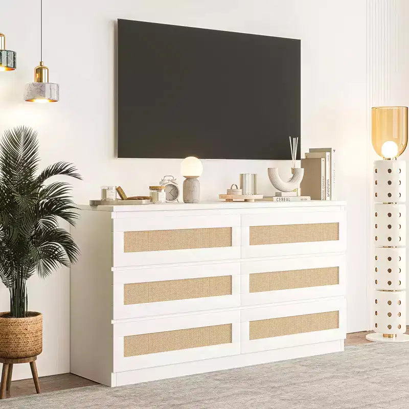 Cassettiera in Rattan per Camera da Letto con 6 Cassetti, Comò Largo Moderno in Stile Fattoria da 120 cm, Mobile Contenitore in Legno per Armadio, Soggiorno, Corridoio