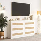 Cassettiera in Rattan per Camera da Letto con 6 Cassetti, Comò Largo Moderno in Stile Fattoria da 120 cm, Mobile Contenitore in Legno per Armadio, Soggiorno, Corridoio