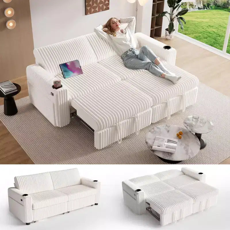 Divano Letto Sezionale Dyonery 91 con Letto Estraibile, Schienale Reclinabile/Due Letti Estraibili/Porte USB/Portabicchieri, Velluto a Coste Peluche