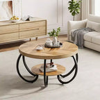 Tavolino Industriale Rotondo da 30 Pollici a 2 Livelli con Piedini Regolabili Ripiano Effetto Legno Design Fiamma Facile da Montare Soggiorno
