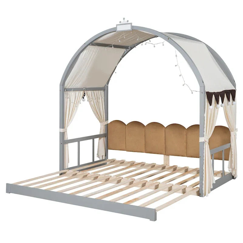 Letto a piattaforma in legno massiccio a forma di casetta, letto Montessori a terra con tetto ad arco e letto estraibile per bambine e bambini