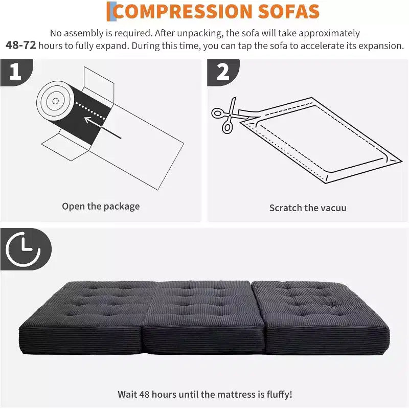 SunnyFurn Materasso a Tre Pieghe da 6 Pollici per Divano Letto, 75X54.3 Letto Pieghevole in Schiuma per Ospiti con Tessuto a Coste Trapuntato, Portatile per Campeggio, Soggiorno, Camera da Letto