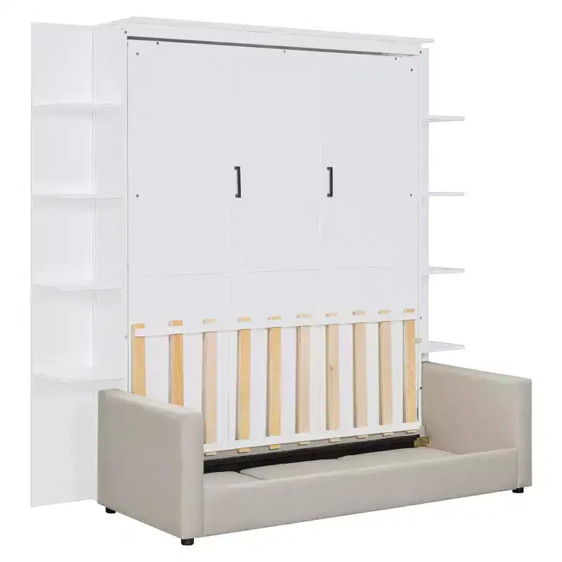 Letto a muro a scomparsa Whisen Modern Design con struttura in legno, Queen Size, con divano e mensole
