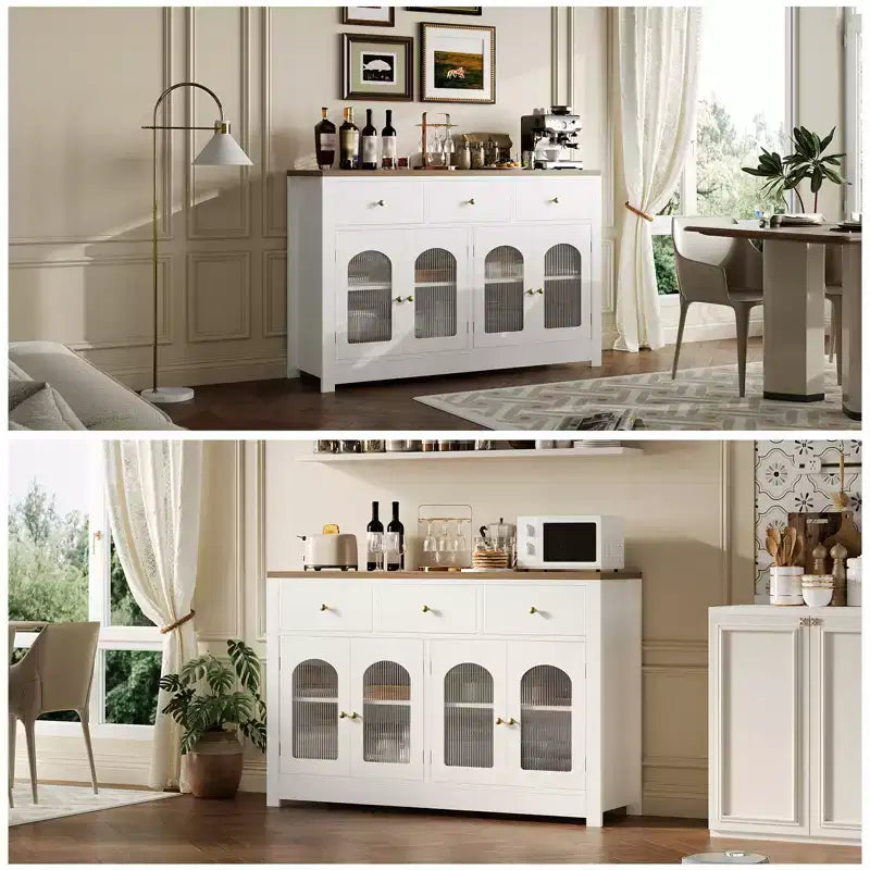 Credenza stretta da 140 cm con 3 cassetti e 4 ante per cucina, sala da pranzo, soggiorno