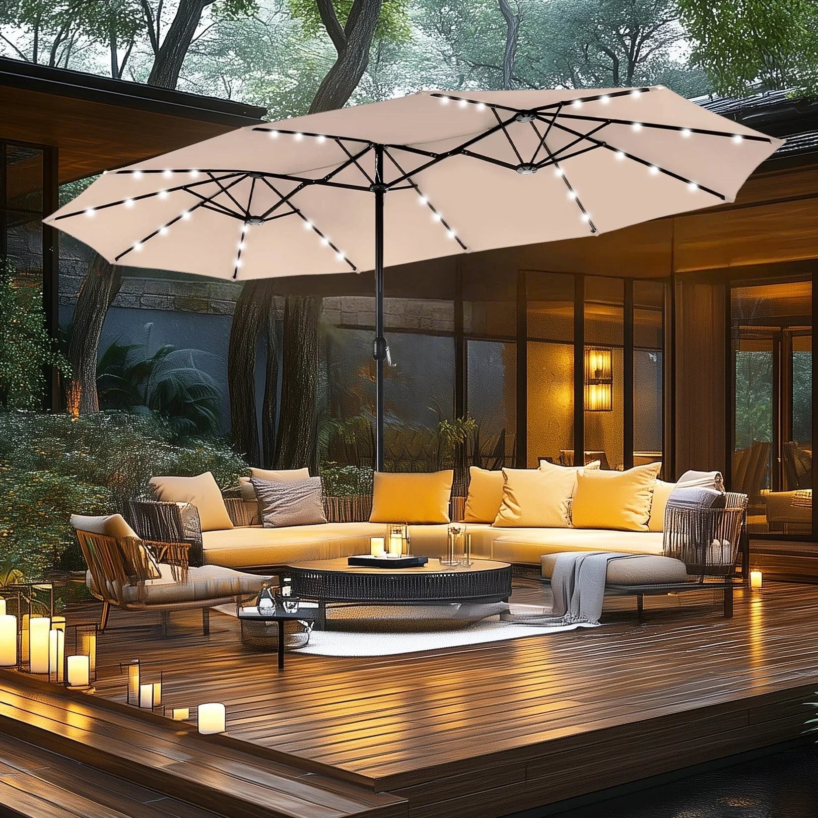 MAISON ARTS Ombrellone rettangolare da esterno a manovella con doppia falda da 4,5 metri, con luci a LED solari e base inclusa